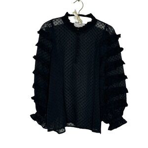 Cleobella‎ Swiss Dot Sheer Ruffled Long Sleeve Blouse XS Black Boho Goth Girly